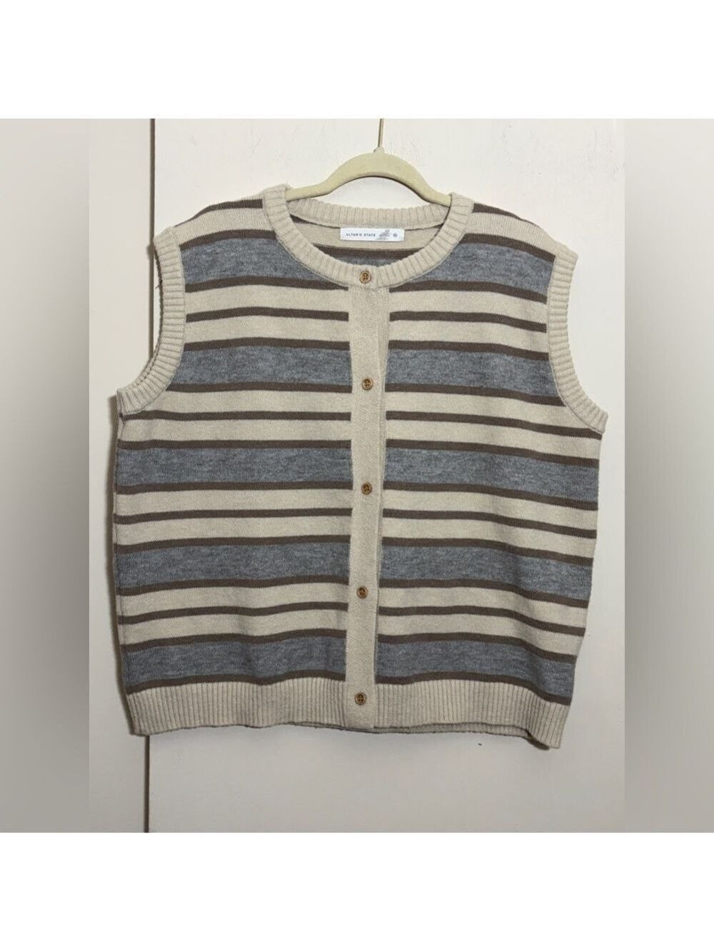Altar'd State Striped Button Down Sweater Vest Cream Gray Knit Cardigan XL NWT